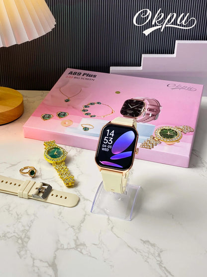 ✨ Pack Élégance Femme – Montre Smart + Bijoux Dorés ✨